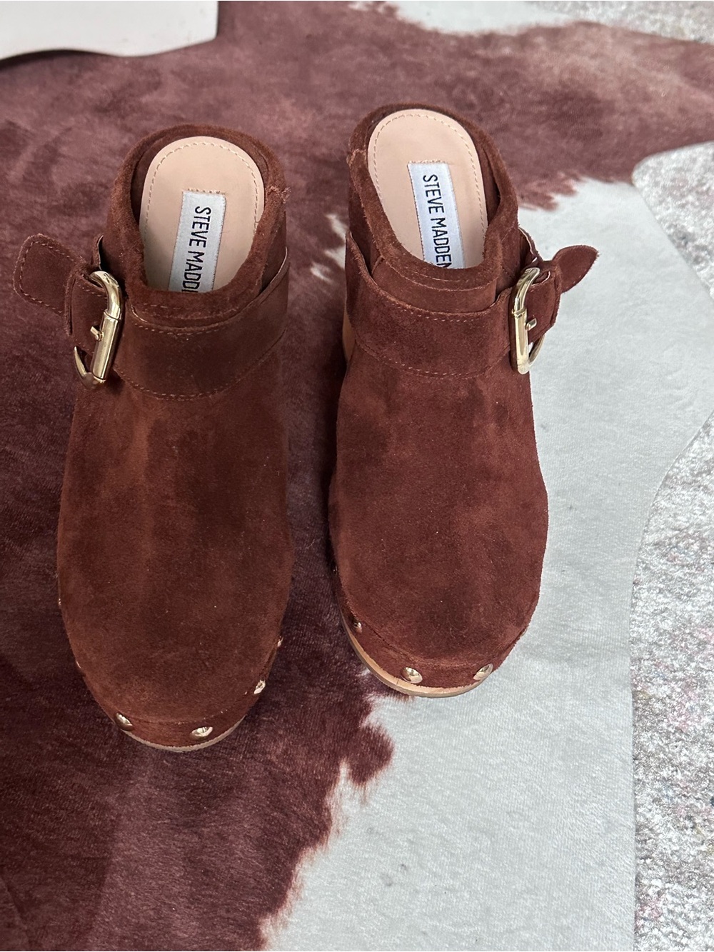 Steve Madden Brown Suede Clog Mules with Gold Buckle Wood Heals